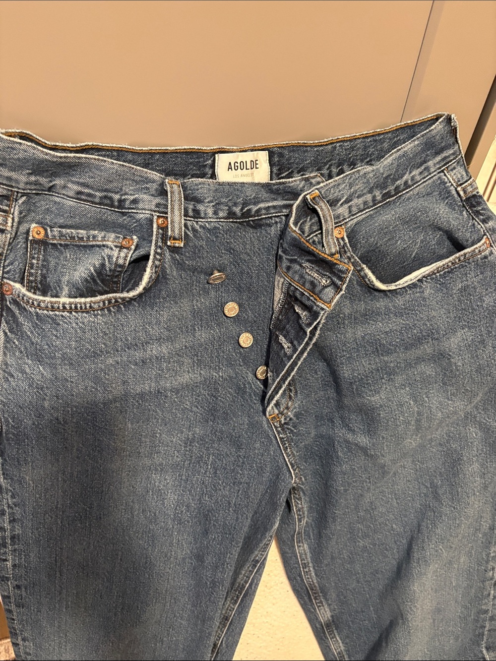 Agolde High-Rise Button-Fly Jeans — Blue Denim